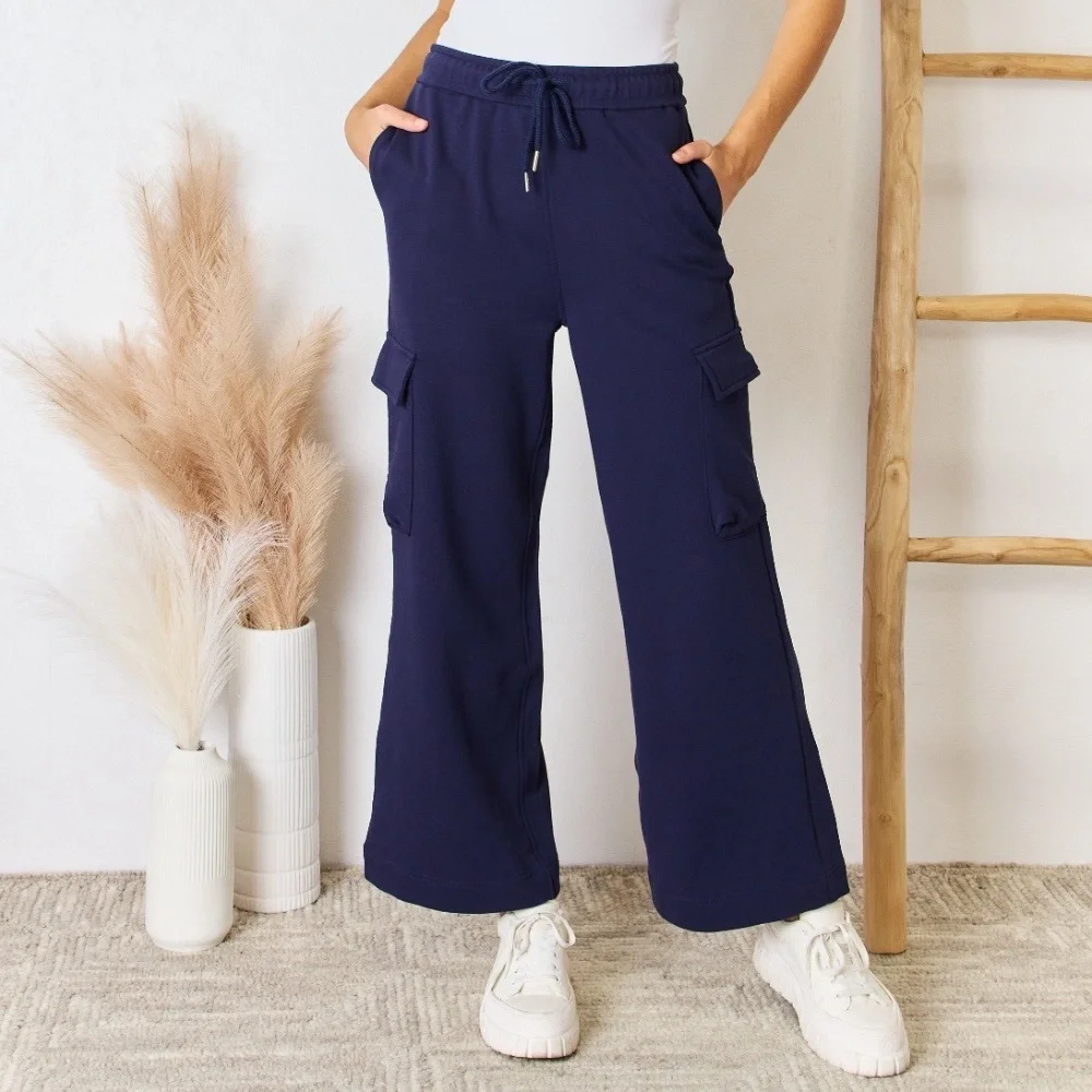 NEW RISEN Navy Blue High Waisted Cargo Pocket Wide Leg Lounge Pants Sweatpants - Picture 1 of 5